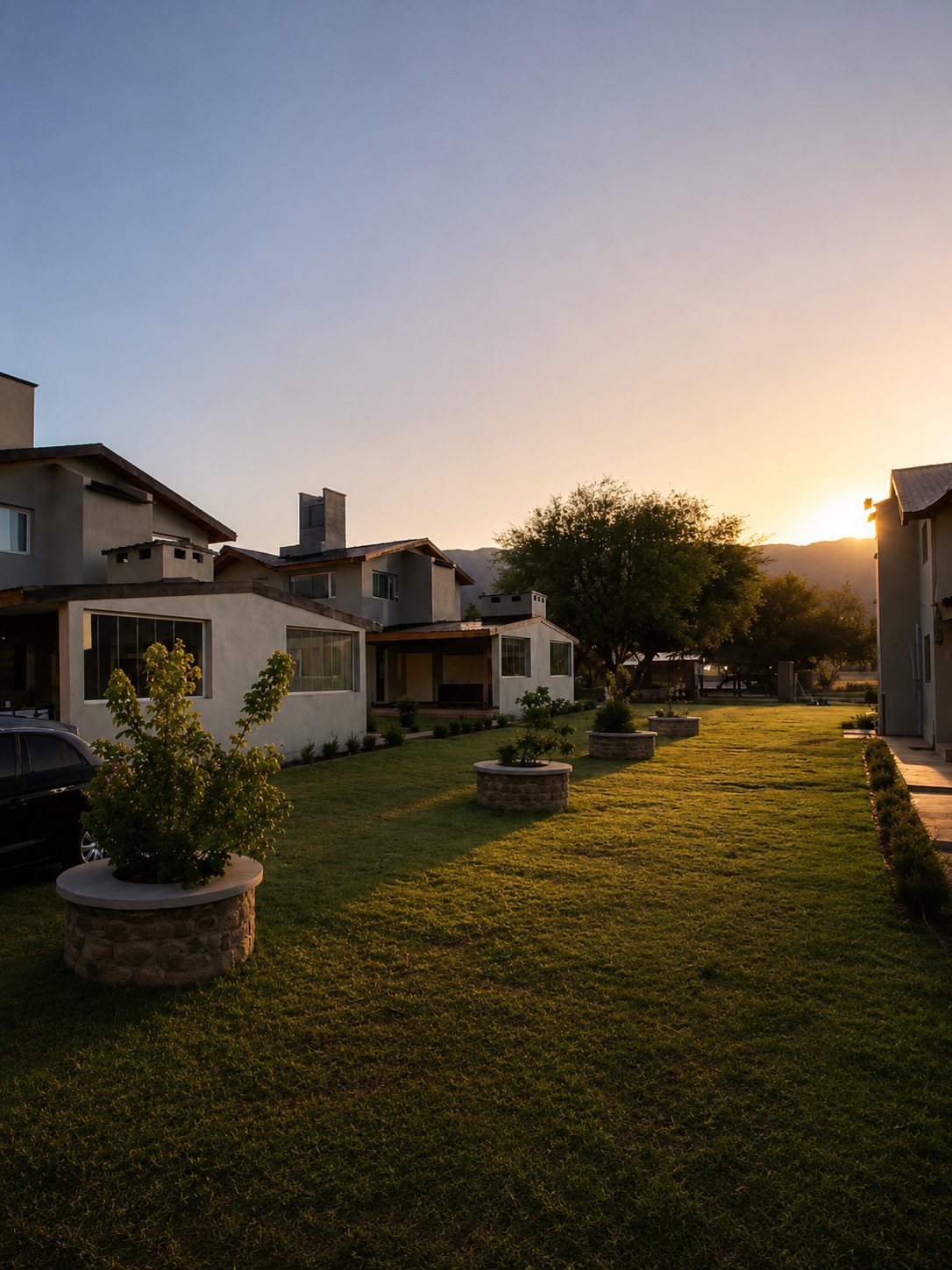 Jardín del complejo al atardecer con canteros de piedra